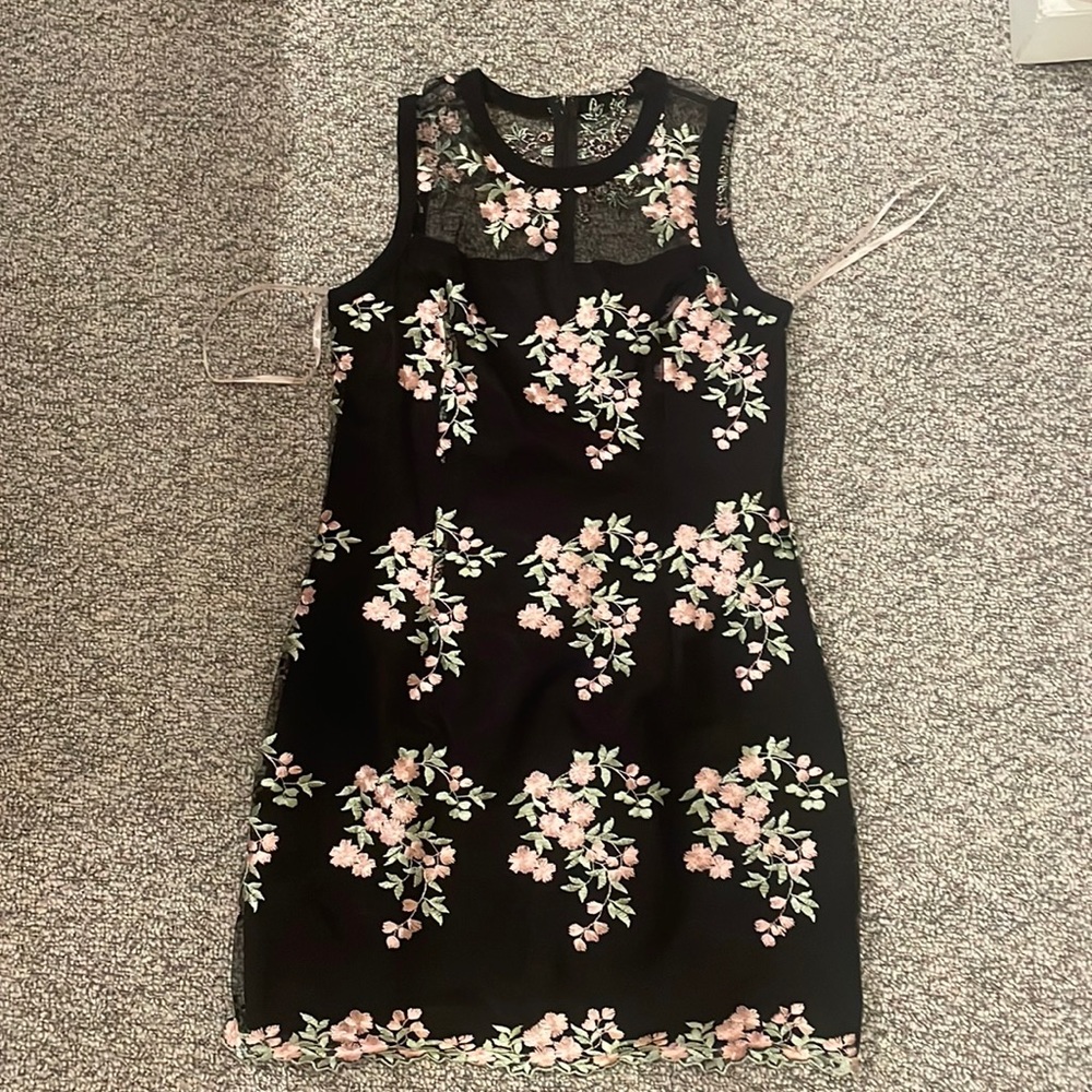 Nanette Lepore black dress pink and green floral size 12